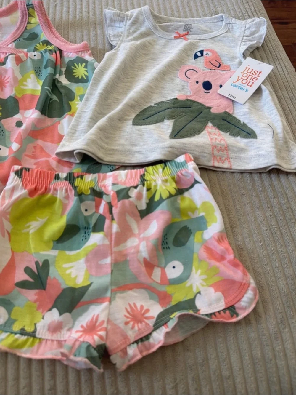 Girls Floral Tank, Shorts & Koala Tee Pajama Set - Pink & Gray